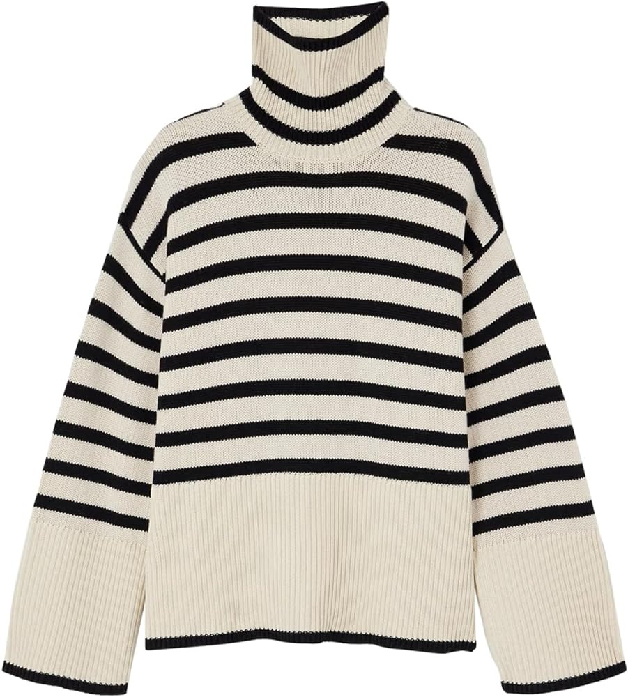 LuFeng Women's Winter Sweaters Casual Striped Knit Long Sleeve Turtleneck Side Split Oversized Pu... | Amazon (US)