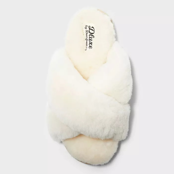 Women's dluxe by dearfoams Rossland Genuine Shearling Crossband Slippers - Gray 6 | Target
