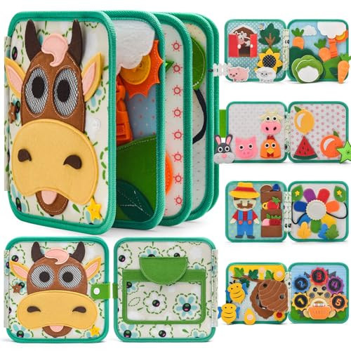 Montessori Busy Book for Toddlers 1-3, Felt Quiet Book & Busy Board for Preschool Learning, Fine Motor Skills & Sensory Play, Educational Travel Toy and Gift for Kids – Farm Animals Theme, Green | Amazon (US)