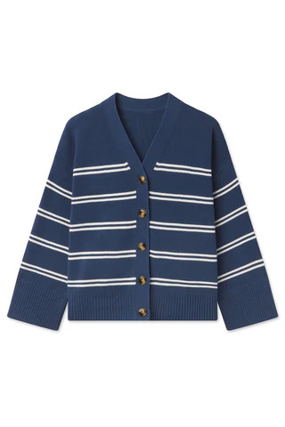 Nora Cotton Cardigan in Navy Ivory Stripe | Lake Pajamas