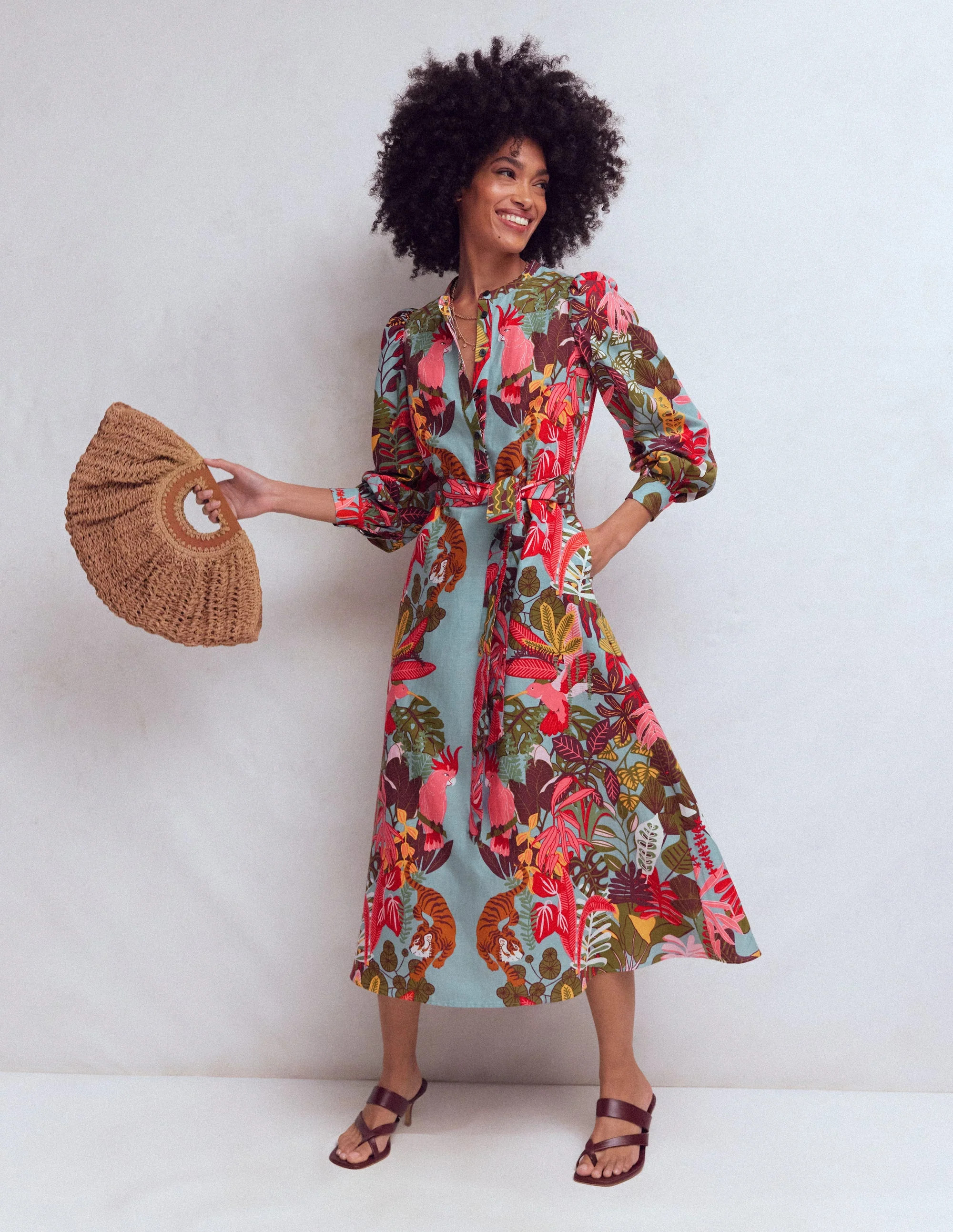 Ava Linen Blend Midi Dress-Blue Tropical Safari Placement | Boden (US)