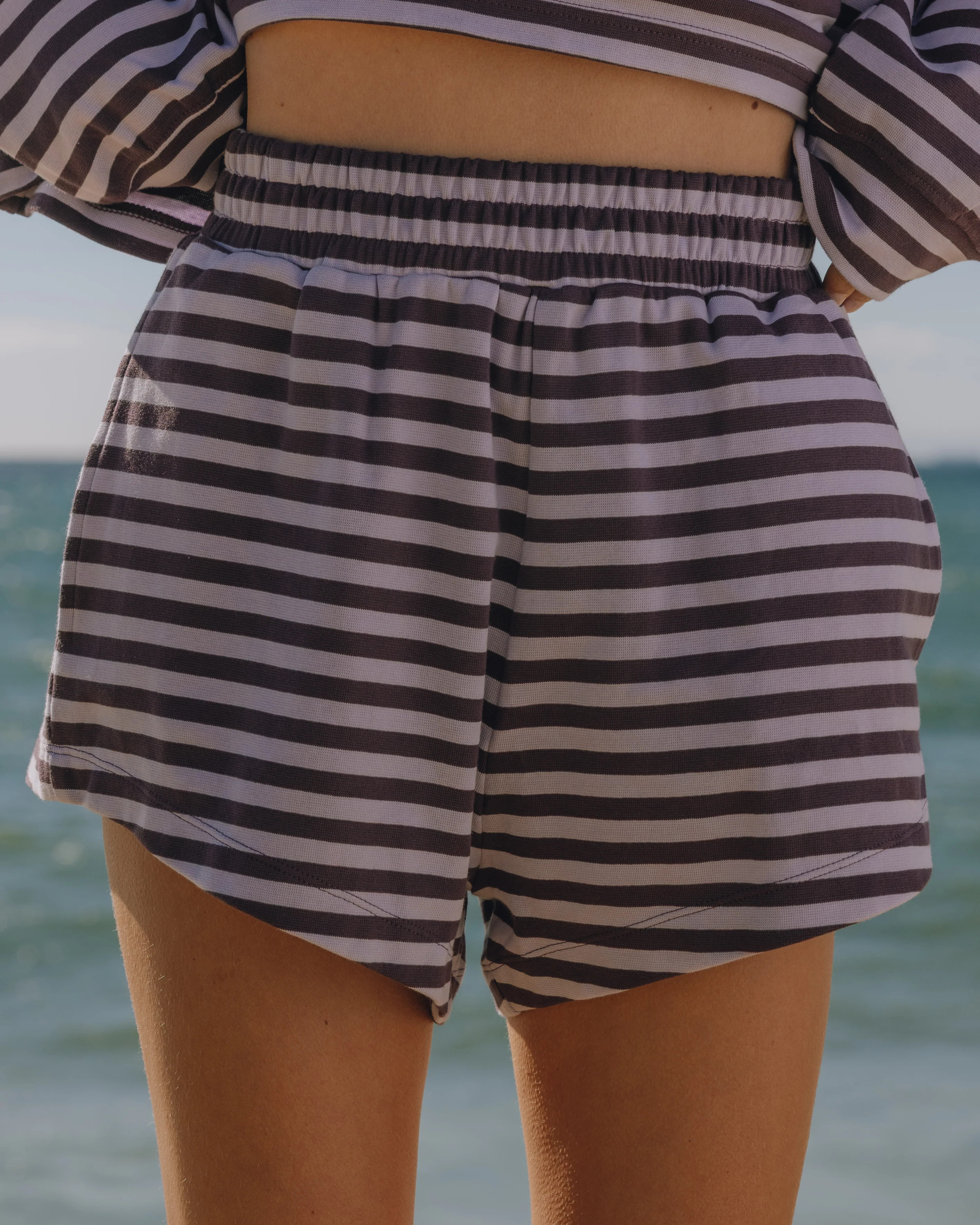 Striped Cotton Shorts - Plum + Wink Stripe with Monochrome Patch | Daily Drills LLC