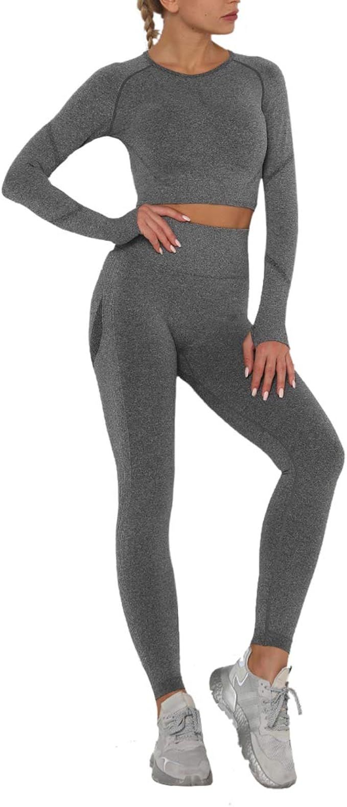 AGUTIUN Womens Workout Tracksuit 2 Pieces Set High Waist Leggings and Long Sleeve Crop Top Yoga A... | Amazon (US)