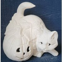 Ceramic Bisque Halloween Cat & Pumpkin Jack-O-Lantern Light Up Decoration. Ready To Paint Pottery. Table Scape Decor | Etsy (US)
