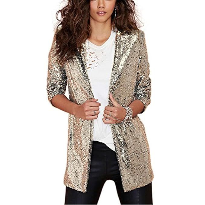 HaoDuoYi Women's Sparkly Sequins Pocket Side Open Front Casual Coat Jacket | Amazon (US)