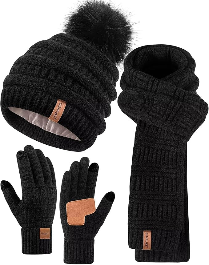 Womens Winter Beanie Scarf Gloves Set, Pom Pom Hat with Warm Fleece Lined Long Knit Scarf Touchsc... | Amazon (US)