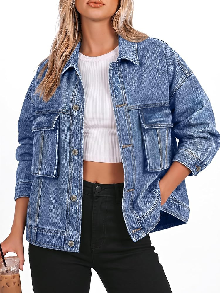 Trendy Queen Women's Oversized Jean Jacket Button Down Denim Coat | Amazon (US)
