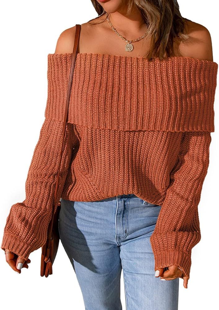 Potany Women's Casual Off Shoulder Sweaters Long Sleeve Solid Pullover Sweaters Front Off The Should | Amazon (US)