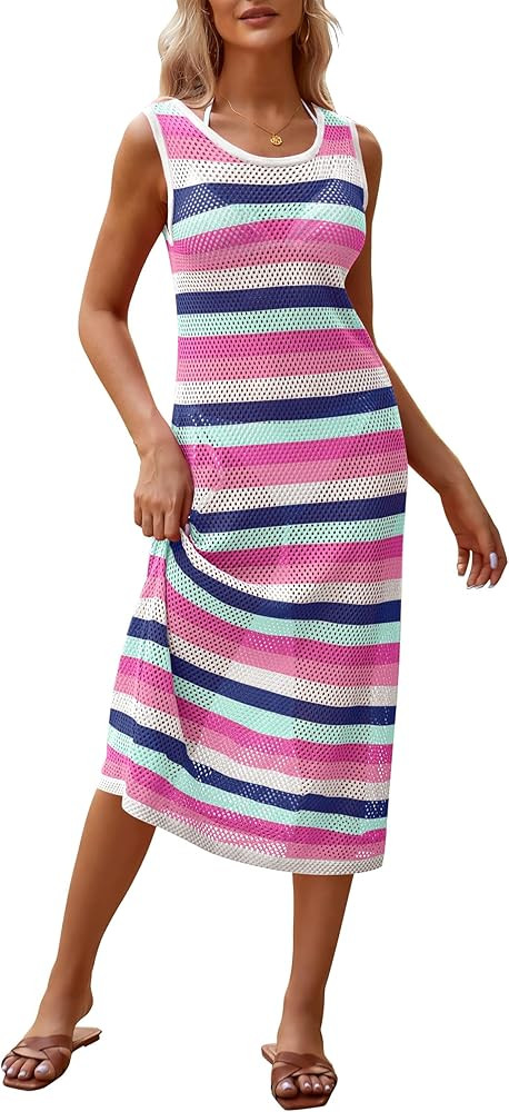 Caracilia Women Swimsuit Cover Up Summer Sleeveless Striped Crochet Knit Swim Bathing Suit Swimwe... | Amazon (US)