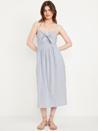 Fit & Flare Tie-Front Seersucker Midi Dress | Old Navy (US)