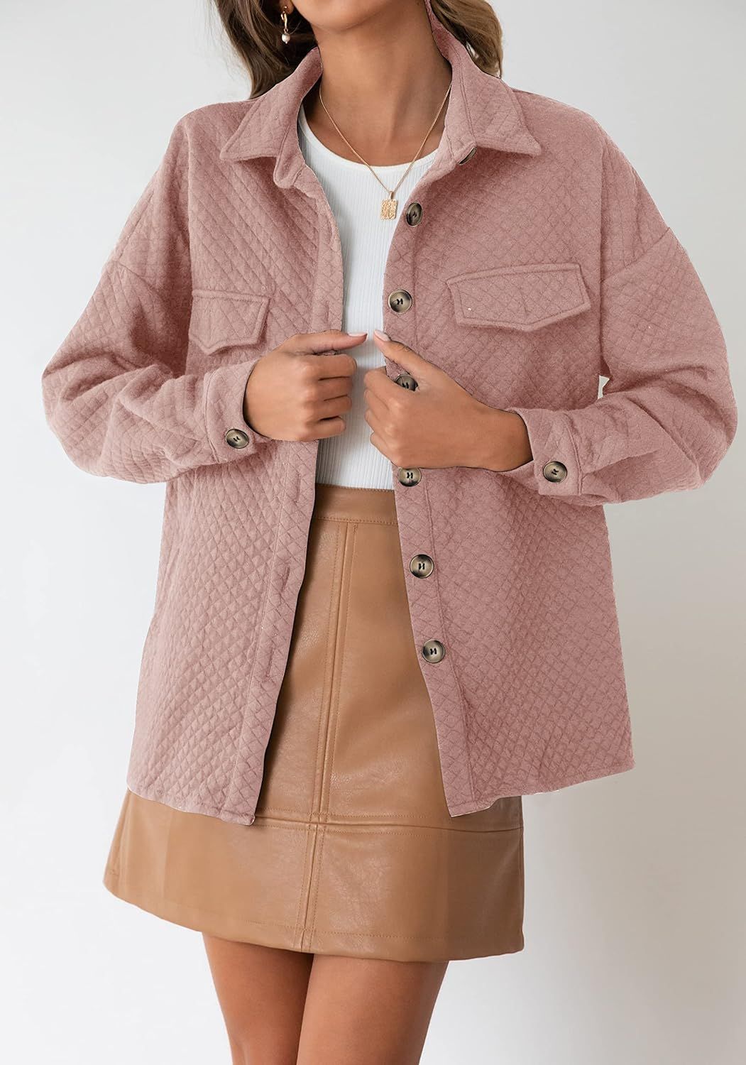 MUXERI Women's Long Sleeve Button Down Diamond Soft Lightweight Shacket Shirt Jacket Coat Outwear wi | Amazon (US)