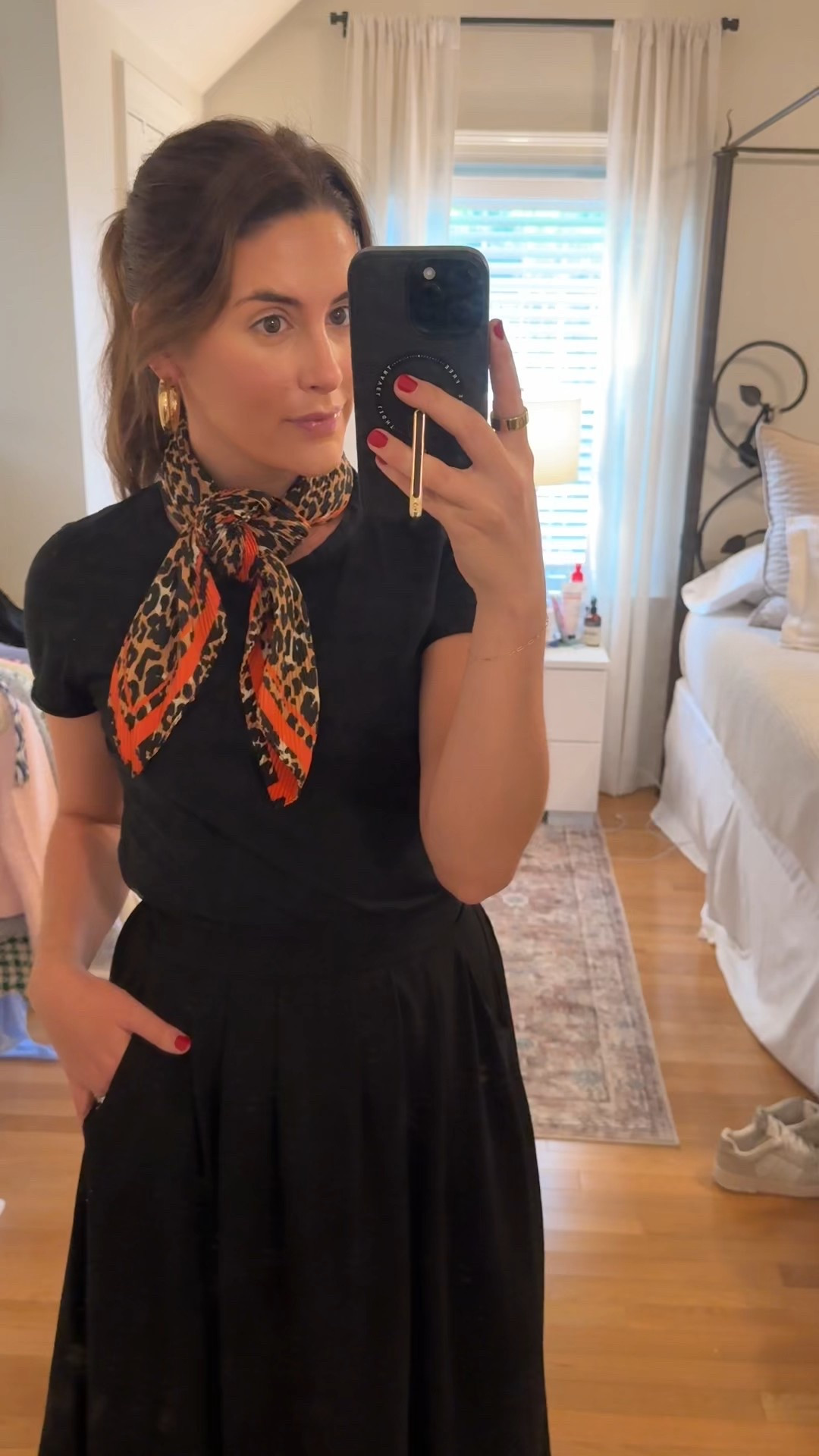 Simple little OOTD for the office 🖤 love an all black look with some fun accessories. Nothing like a neck scarf to spice up your look! This skirt is part of a set that is perfect for summer. Light and airy and so many colors. Don’t get me started on the shoes! I wear them ALL THE TIME  

#LTKShoeCrush #LTKFindsUnder50 #LTKStyleTip