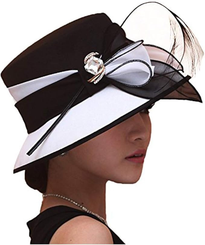 June's Young Women Church Hats Formal Dress Derby Hats with Feather Elegant Bucket Hats (Black/Wh... | Amazon (US)