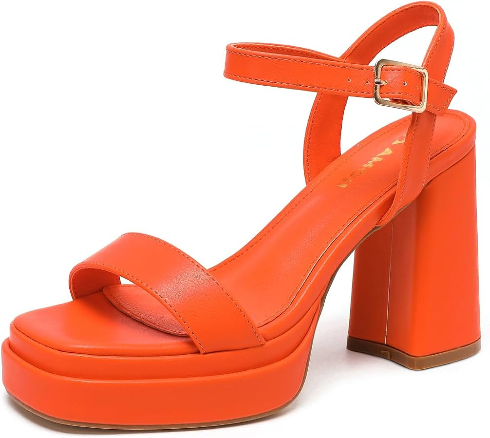 Amoji Women's 4 Inch Platform Chunky Heel Ankle Strap Block Heeled Sandals 311 | Amazon (US)