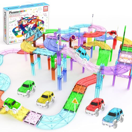PicassoTiles 150 Piece Race Car Track Building Block Educational Toy Set Magnet Tile Magnetic Blocks Playset 4 Cars Early STEM Learning Construction Kit Hand-Eye Fine Motor Skill Brain Training PTR150 | Amazon (US)