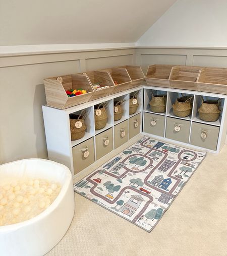 Playroom organization 🫶🏽 

•Amazon finds, target, finds, toy tags, toy labels, organizing, kids washable rug, car track rug, ball pit, neutral aesthetic, storage bins, kids play area, toy storage, DIY 

#LTKkids #LTKfamily #LTKhome