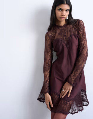 Topshop lace sleeve flippy hem mini dress in port royale | ASOS (Global)