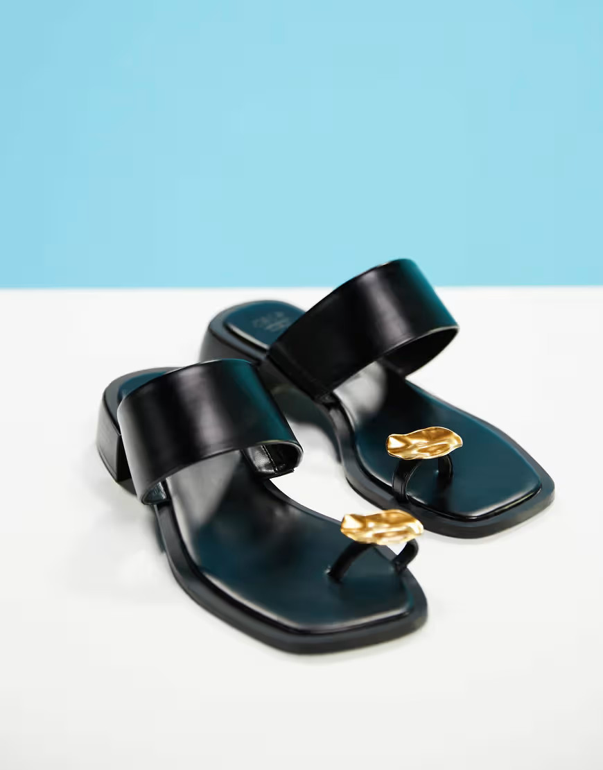 ASOS DESIGN Finesse heeled sandals with hammered metal toe loops in black | ASOS (Global)