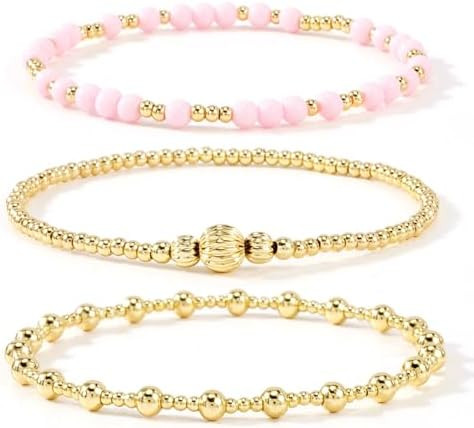 Gold Bracelet Set for Women, 14K Gold Plated Dainty Beaded Bracelets with Pearl & Paperclip Cuban... | Amazon (US)