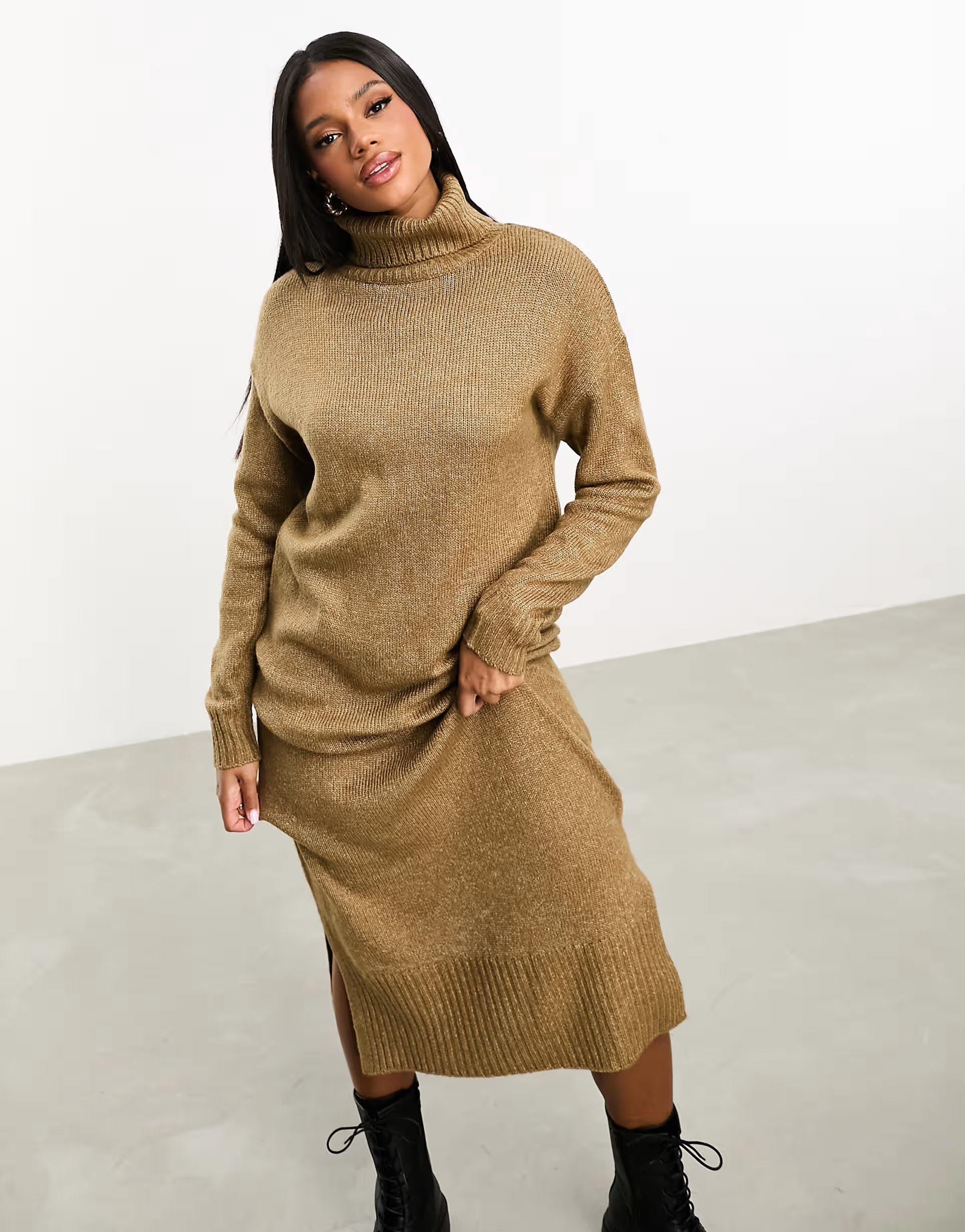 Threadbare Skylar roll neck oversized maxi jumper dress in taupe | ASOS (Global)