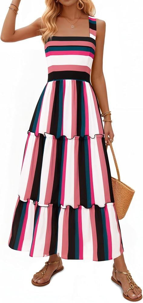 Yousify Womens Summer Maxi Dress 2026 Striped Casual Patchwork A Line Smocked Long Dress Boho Flo... | Amazon (US)