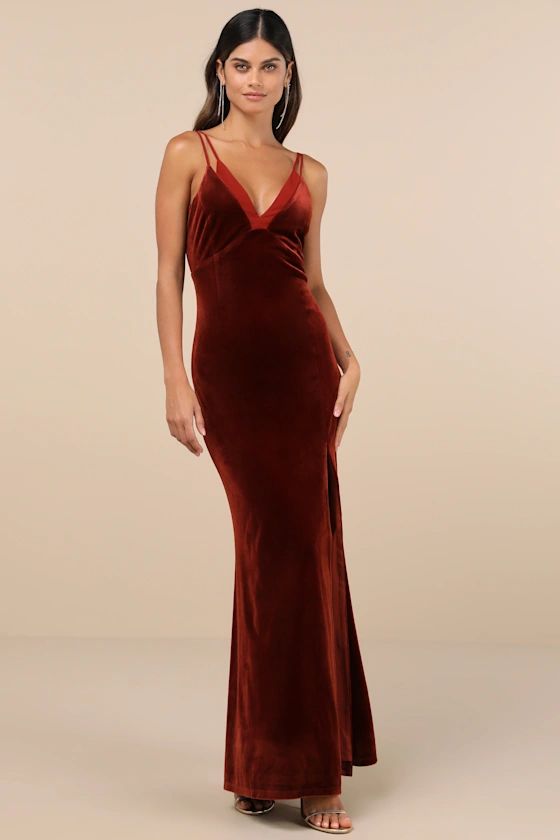 Immensely Glam Rust Velvet Backless Maxi Dress | Lulus