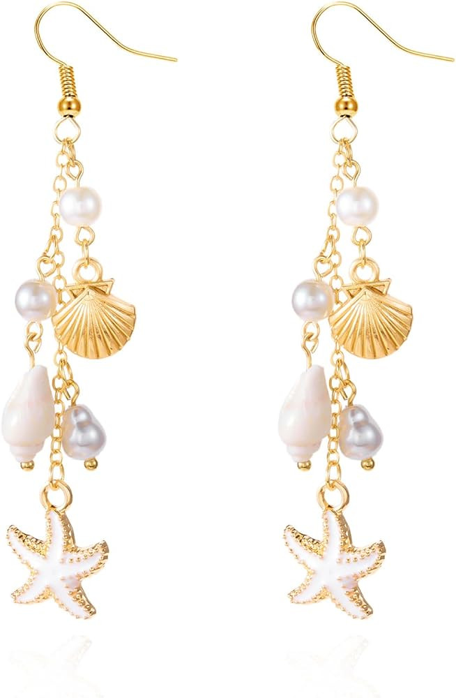 Boho Sea Shell Conch Pearl Enamel Star Dangling Beachy Earring, Beach Jewelry Vacation Holiday Ac... | Amazon (US)