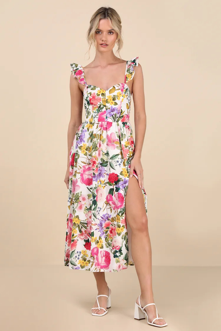 Melodie White Multi Floral Ruffled Midi Dress | Lulus