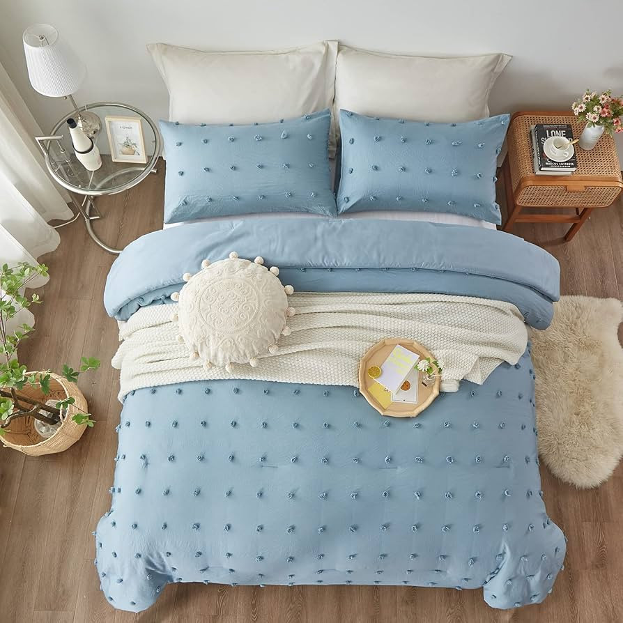 FLYMME Blue Tufted Dots Pom Pom Bedding for Girls, Solid Boho Comforter Twin Size Set, Soft and Ligh | Amazon (US)