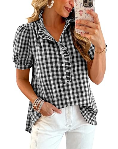Amazon.com: MASCOMODA Womens Puff Short Sleeve Summer Tops Striped Plaid Ruffle V Neck Button Dow... | Amazon (US)
