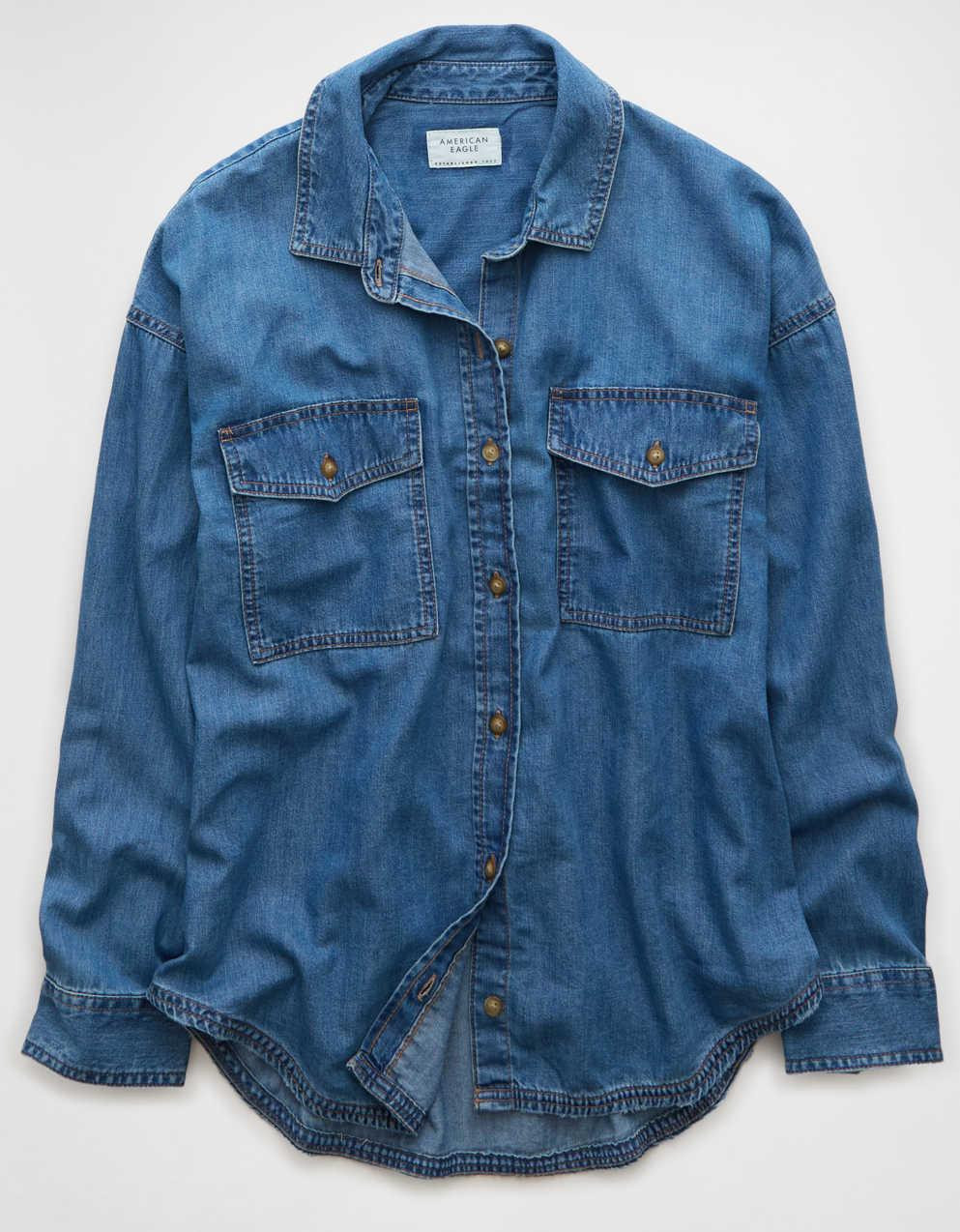 AE Dreamy Drape Denim Perfect Button-Up Shirt | American Eagle Outfitters KR - Not_Live