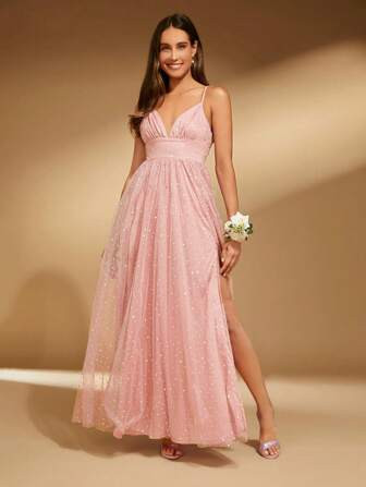 SHEIN Belle Plunging Neck Split Thigh Mesh Cami Bridesmaid Dress | SHEIN