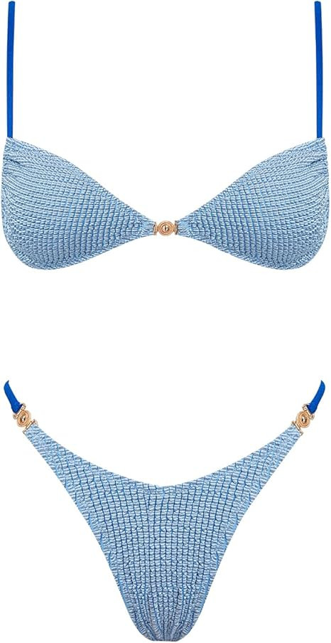 VOLAFA Women's Triangle Bikini Set Tie Solid Sexy Thong Cheeky Two Piece Swimsuit Bathing Suit | Amazon (US)