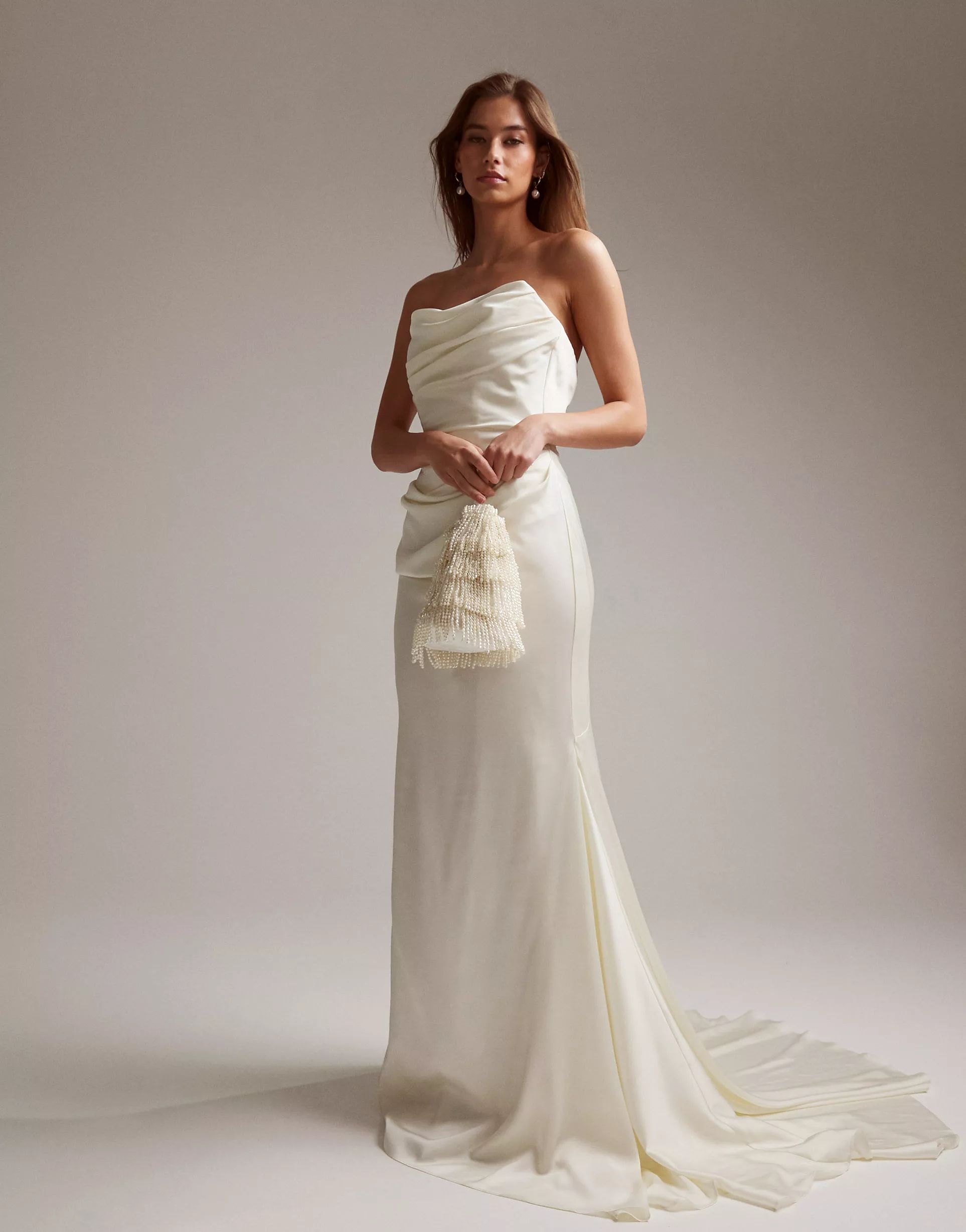 ASOS DESIGN satin bandeau wedding dress with train in ivory | ASOS (Global)