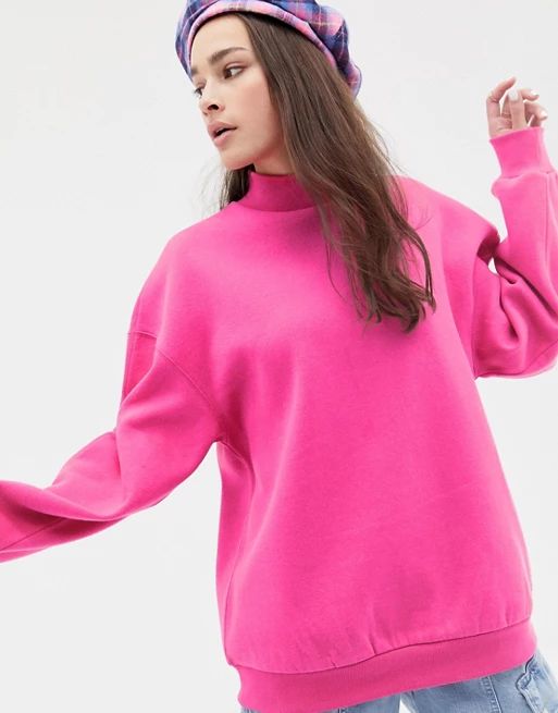 Bershka high neck oversized sweater in neon pink | ASOS US