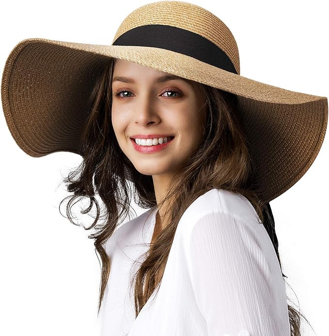 Womens Sun Straw Hat Wide Brim UPF 50 Summer Hat Foldable Roll up Floppy Beach Hats for Women | Amazon (US)