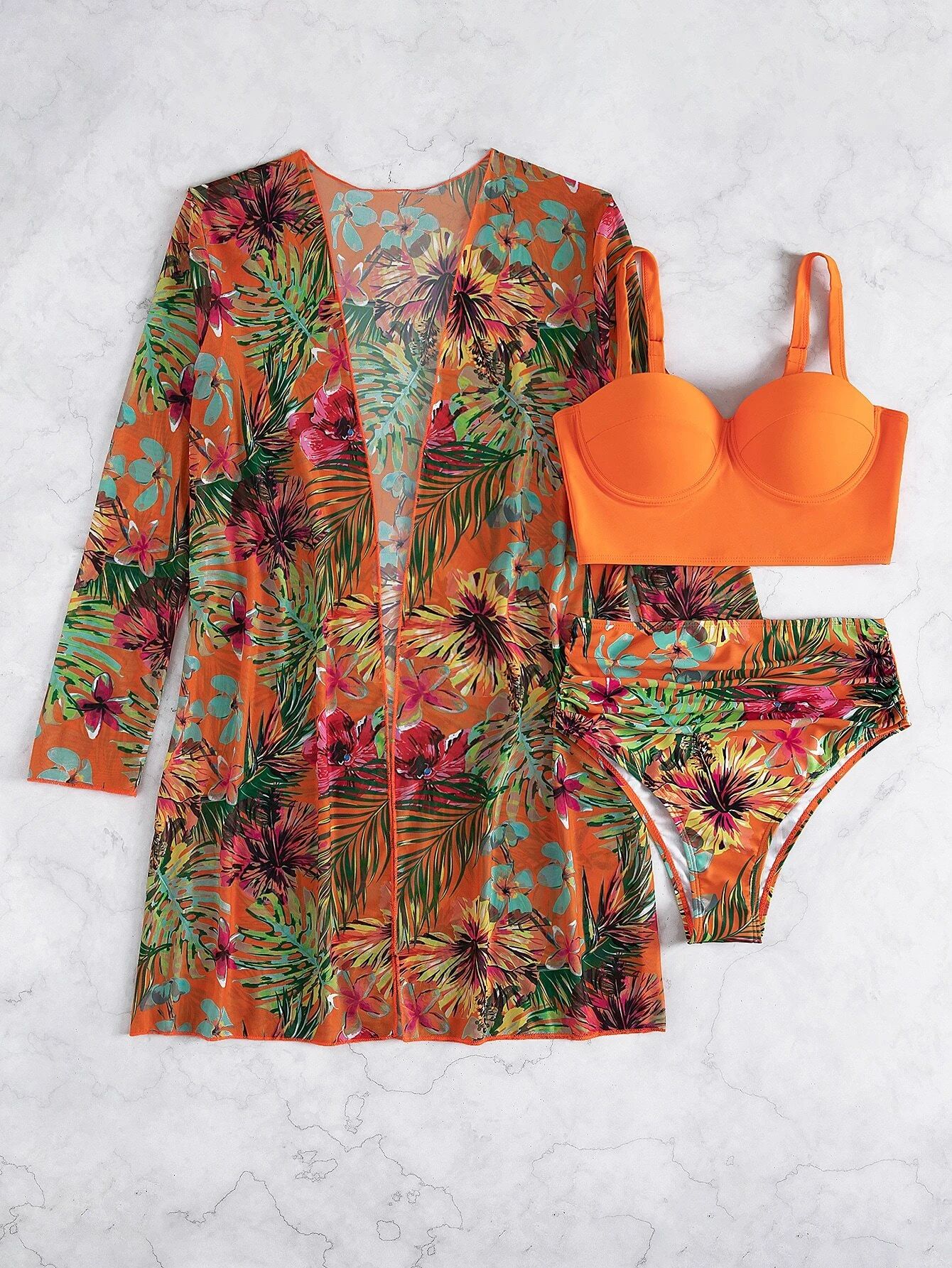 SHEIN Swim Vcay Tropical Print Bikini Set Push Up Bra Top & Tummy Control High Waist Bikini Botto... | SHEIN