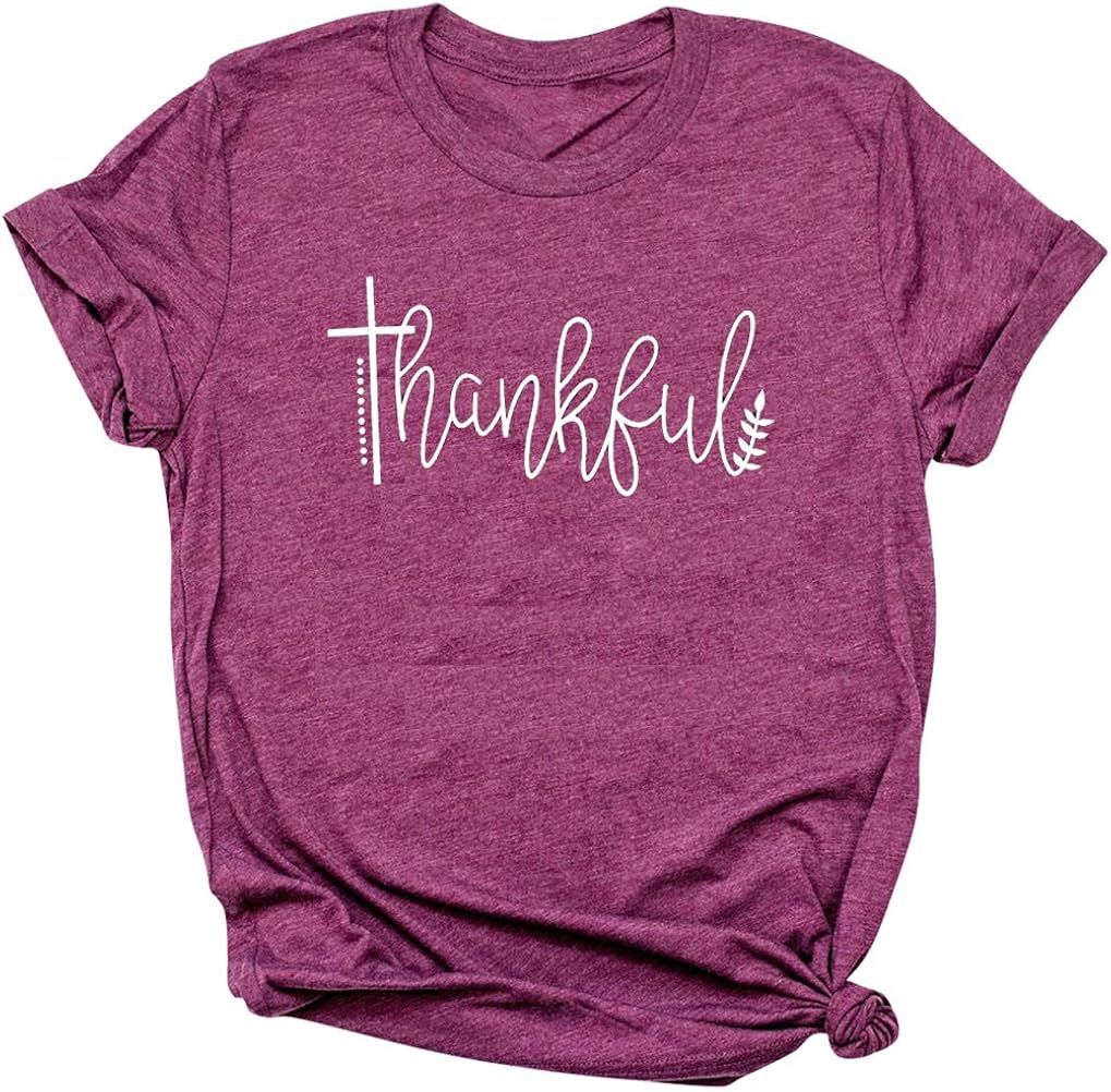 JEALLY Thanksgiving Tshirts Women Thankful Graphic Letter Print T-Shirt Casual Short Sleeve Tee T... | Amazon (US)