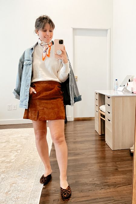 Petite Fall outfit, brown suede skirt, leopard mules, loeffler Randall, nadaam cashmere sweater, scarf, silk neck scarf, denim jacket, Madewell oversized jean jacket, petite style, affordable cashmere, fall to winder, wear to work, desk to dinner 

#LTKunder100 #LTKunder50 #LTKstyletip