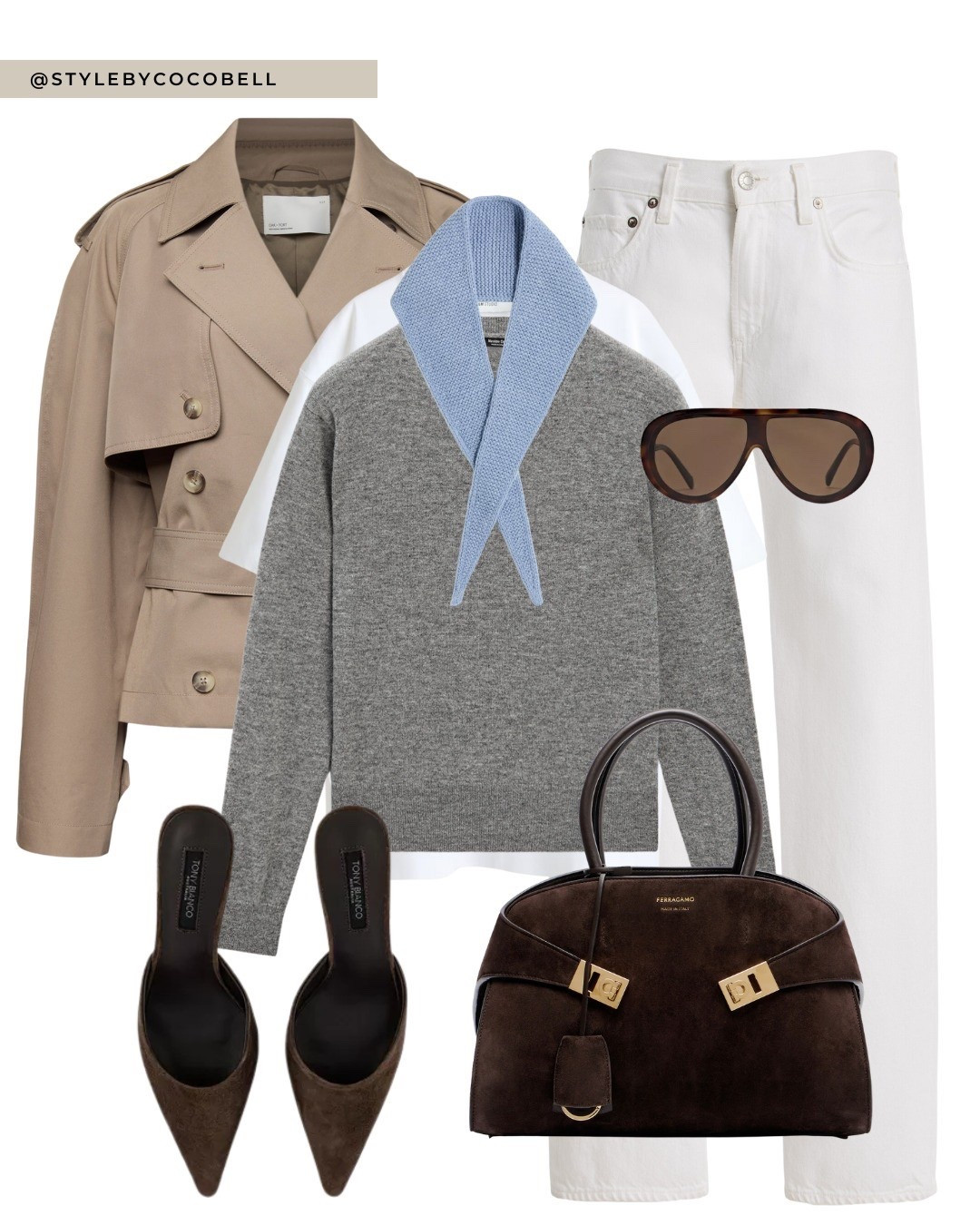 icy blue scarf, light blue knit scarf, grey v neck sweater, neutral layering outfit, beige trench jacket, cropped trench coat, white straight leg jeans, white denim outfit, brown suede heels, pointed toe heels, brown designer handbag, oversized sunglasses, elevated everyday outfit, minimalist chic style, icy blue color trend


#LTKspring