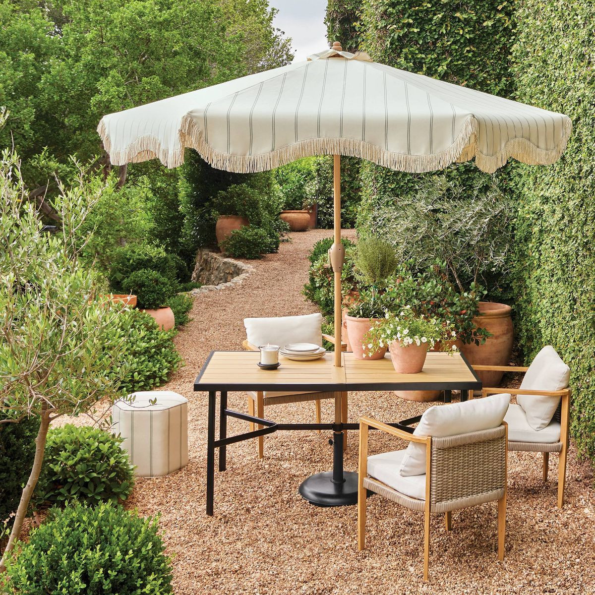 Round Striped Scalloped Fringe Edge Outdoor Patio Market Umbrella Cream - Threshold™ designed w... | Target