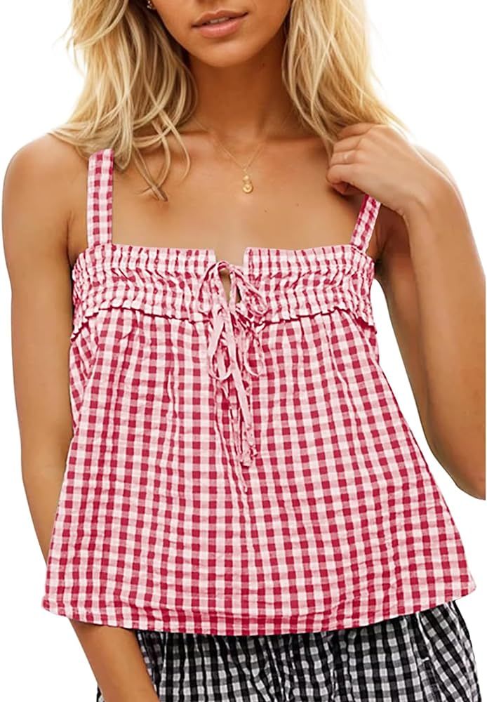 Women Y2K Tie Front Gingham Crop Tank Tops Square Neck Sleeveless Plaid Camisoles Summer Cute Bac... | Amazon (US)