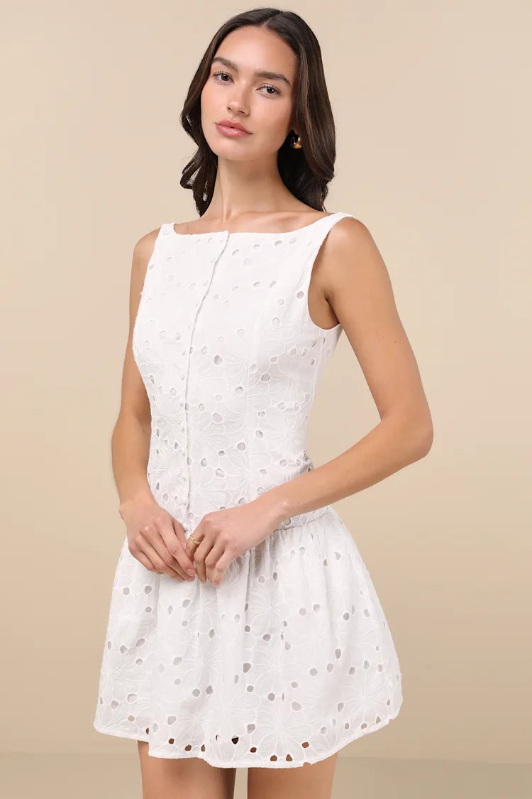 Aurora White Eyelet Embroidered Drop-Waist Mini Dress | Lulus