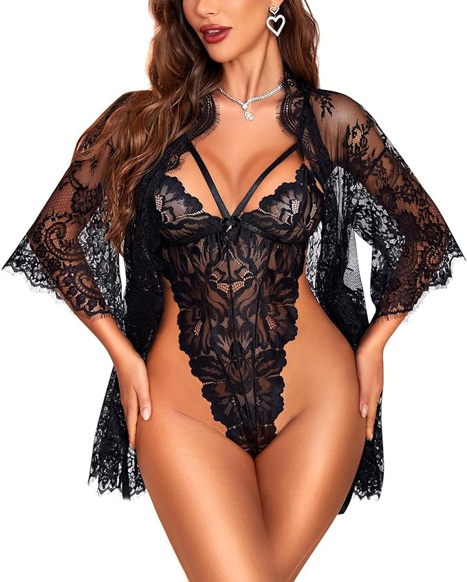 RSLOVE Sexy Womens Lingerie Set - 2 Piece Lace Kimono Robe with Lace Teddy Lingerie Bodysuit Sexy | Amazon (US)