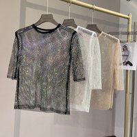 2023 New Mesh Diamonds Crystal Short Top Diamonds Super Fairy Inner Party Unlined Shiny Hollow Out Bottom Shirt | AliExpress (US)