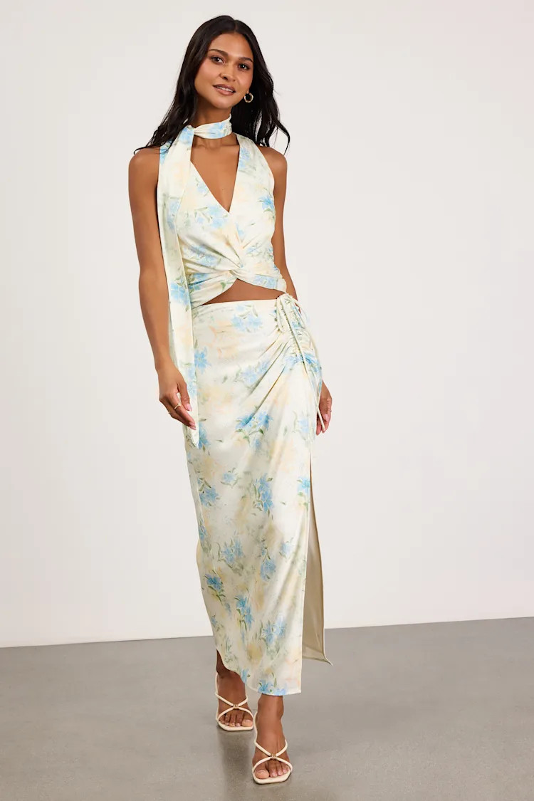 Patrice Cream Multi Floral Ruched Maxi Skirt | Lulus