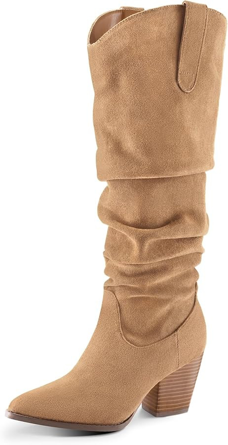 mysoft Women's Cowboy Knee-High Boots Pointed Toe Mid Chunky Heel Pull On Slouchy Boots with Zipp... | Amazon (US)