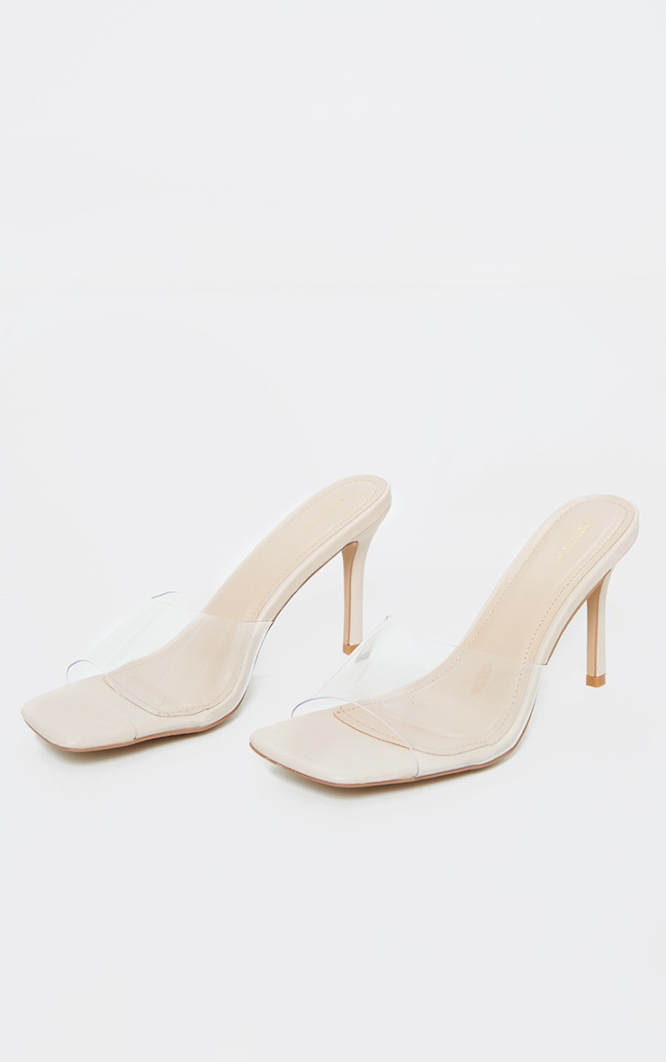 Nude Clear Strap Square Toe Mule Mid Heels | PrettyLittleThing US