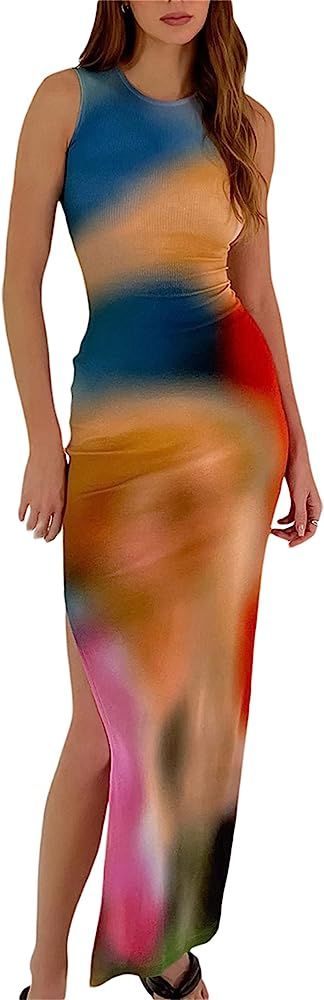 Women's Casual Tie-Dye Bodycon Maxi Dress Sleeveless Tank Wrap Split Beach Party Long Dresses | Amazon (US)