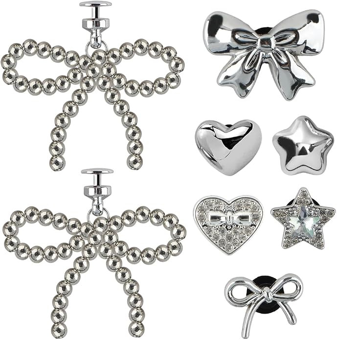 8 PCS Silver Pearl Bowknot Shoe Charms Sparkling Heart Rhinestones Bling Star Shoe Charm Set Cute... | Amazon (US)